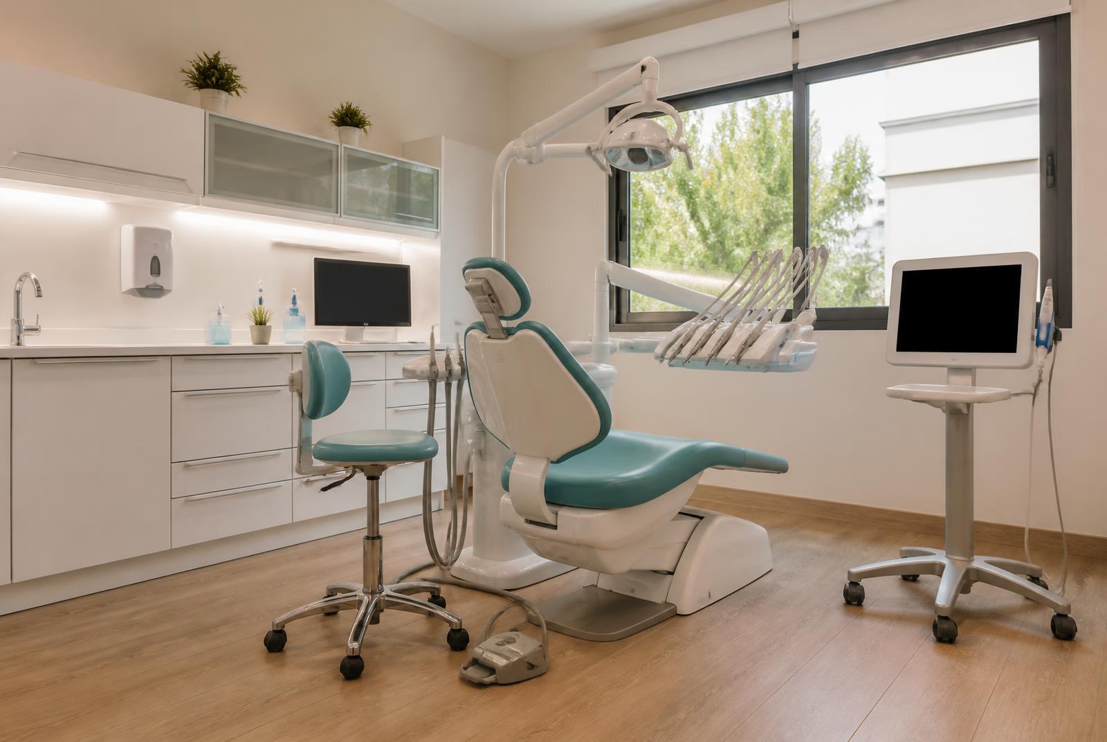 Gabinete dental real preparado para una jornada de sedación consciente, con sillón, lámpara y monitor de constantes