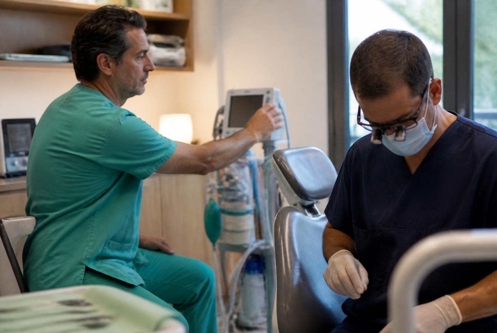 Anestesiólogo del equipo de ANESORA ajustando el monitor de constantes junto al sillón dental mientras el odontólogo prepara el instrumental