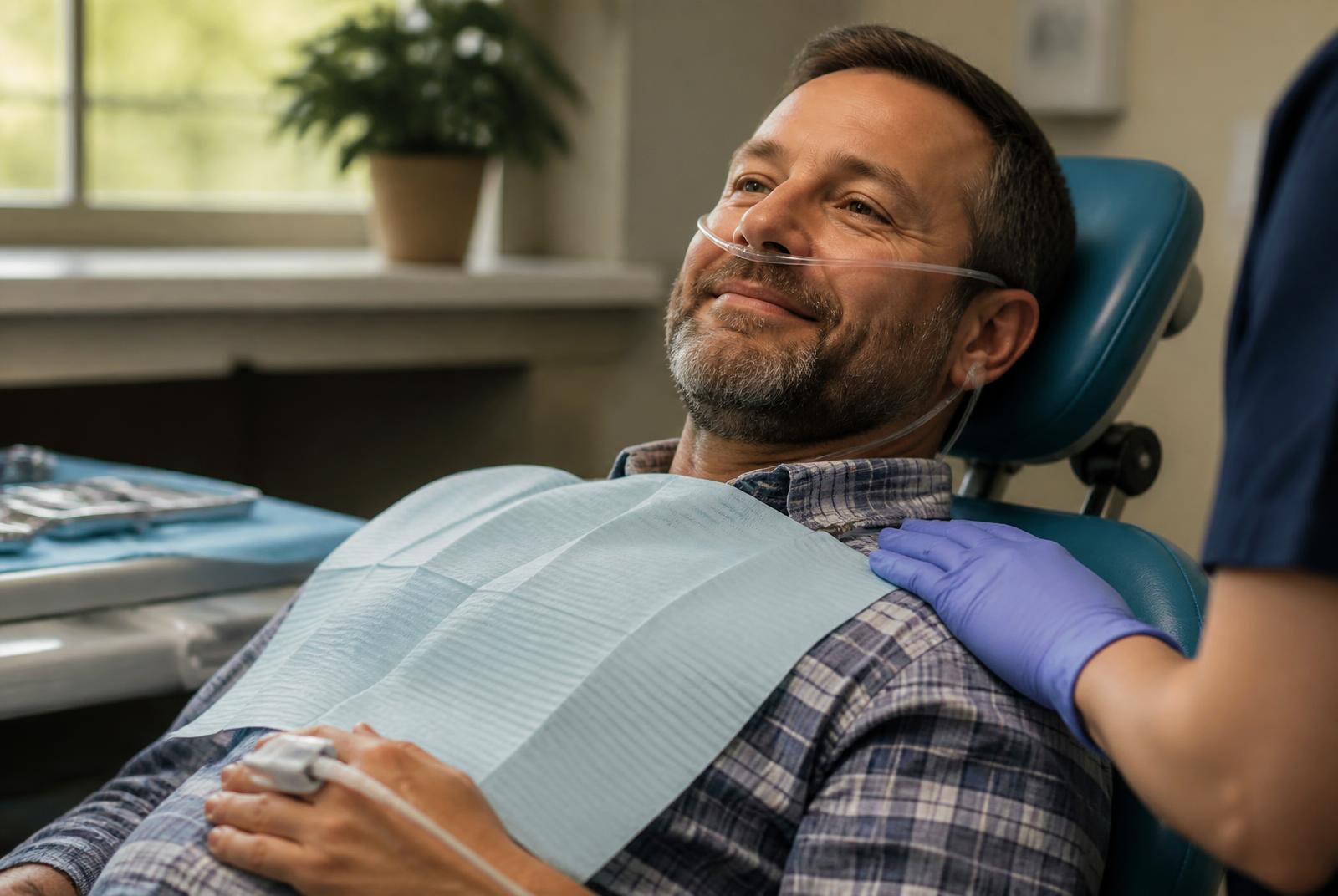 Paciente tranquilo en el sillón dental con gafas nasales y sensor en el dedo durante una sedación consciente